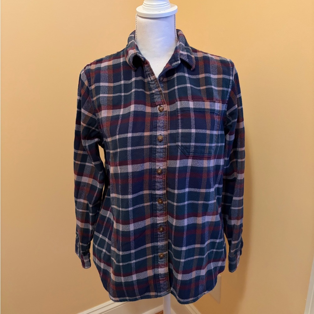 L.L. Bean Organic Cotton Plaid Flannel Shirt Small Women’s Blue Green purple EUC - Picture 3 of 13